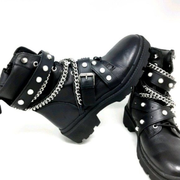 Zara Shoes - Zara Pearl Moto Leather Combat Biker Boots 39
